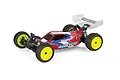 A studio shot of a Team Associated RC10B7.1D 1/10 scale 2WD electric RC buggy with a red, white, and blue painted body and yellow wheels.