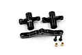 A set of black anodized aluminium RC steering assembly components including two bell cranks, a steering rack, two screws, and two brass bushings.