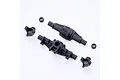 FMS front axle housing components including two main housing halves, two steering knuckles, and two small bushings on a white background.
