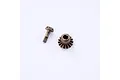 Two metal bevel gears for an RC car differential, one with a long shaft and one with a flat-sided hole, isolated on a white background.