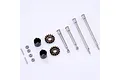 A set of FMS RC differential spare parts including metal drive shafts, small gears, and plastic components on a white background.