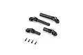 Four black plastic RC driveshaft components and four small black screws arranged on a white background.