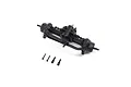A black plastic RC front axle assembly with steering linkage and four small screws isolated on a white background.
