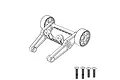 A black and white line drawing of an MJX RC wheelie bar assembly with two wheels and four mounting screws.