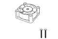 A line art illustration of a square RC cooling fan and two small mounting screws.
