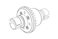 A black and white line art illustration of an MJX RC complete differential assembly showing the gear housing and drive cups.