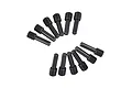 A set of twelve black metal grub screws arranged in a semi-circular pattern against a white background.
