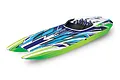 Traxxas DCB M41 Widebody RC catamaran speed boat in green, blue, and white livery, viewed from a high angle against a white background.