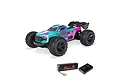 ARRMA Mini Kraton 3S BLX 4X4 RC monster truck in teal, purple, and pink, shown with a Spektrum Smart LiPo battery and charger.