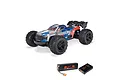 ARRMA Mini Kraton 3S BLX 4X4 RC monster truck in blue and silver, shown with a Spektrum Smart LiPo battery and charger.