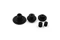 A set of five black nylon RC gears of varying sizes arranged on a white background.