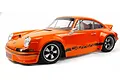 A studio shot of an orange HPI Sport 3 Flux 1973 Porsche 911 Carrera RSR RC car on a white background.