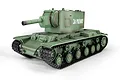 A 1/16 scale Heng Long Russian KV-2 RC tank model in olive green with Cyrillic text on the turret, isolated on a white background.