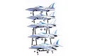 A black metal FMS RC plane rack holding five identical blue and silver Integral RC jet models on a white background.