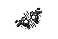 A pair of black GPM Racing aluminium front steering hubs with included screws and bushings on a white background.