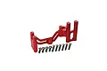 A red anodized aluminium servo mount for RC vehicles, shown with a set of ten matching silver metal screws.