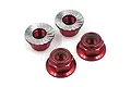 Four red aluminium nyloc nuts with serrated flanges arranged on a white background.