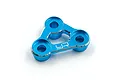 A blue anodized aluminium Yeah Racing steering post mount with three mounting holes and a central cutout on a white background.