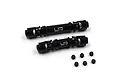 Two black aluminium RC centre driveshafts with universal joints and six small grub screws on a white background.