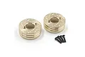 Two gold-coloured brass disc-shaped RC axle weights with drilled patterns and four small black mounting screws on a white background.