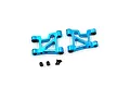 Two blue anodized aluminium front suspension arms for RC cars by Yeah Racing, with small black hardware components included.