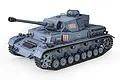 A studio shot of a 1/16 scale Heng Long German Panzer IV F2 RC tank in grey, featuring detailed tracks, a long main gun, and turret markings.