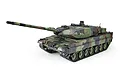 A 1/16 scale Heng Long German Leopard 2A6 RC tank model with a three-tone camouflage paint scheme, shown from a high-angle front three-quarter view.