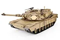 A 1/16 scale Heng Long M1A2 Abrams RC tank in desert tan camouflage, featuring a rotating turret, main cannon, and black tracks on a white background.