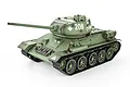 A 1/16 scale Heng Long T-34/85 RC tank model in olive green camouflage with the number 208 printed on the turret, isolated on a white background.