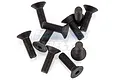 A pile of black metal countersunk head screws for RC vehicles on a white background.