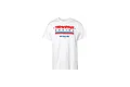A white Traxxas branded short-sleeve t-shirt featuring a red and blue graphic on the chest with the text Traxxas Racing.