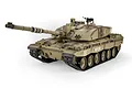 A 1/16 scale Heng Long Challenger 2 RC tank in desert camouflage with KFOR markings on a white background.