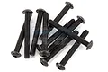 A pile of ten black metal button head screws with fine threads, suitable for RC hobby applications.