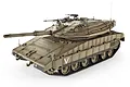 A 1/16 scale Heng Long IDF Merkava Mk.IV RC tank in tan, featuring detailed turret, main gun, and black tracks against a white background.