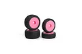 Four RC buggy wheels with black rubber treaded tyres and bright pink dish rims, arranged in two stacks on a white background.