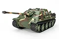 Heng Long 1/16 scale RC Jagdpanther tank in camouflage paint with black tracks and detailed markings on a white background.