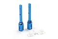Two blue anodized aluminium RC outdrive cups standing upright with a small white plastic parts tree on a white background.