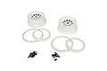 A set of two white Losi 5IVE-T RC car rims with matching beadlock rings and black mounting screws on a white background.