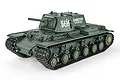 A 1/16 scale Heng Long Soviet KV-1 RC tank model in olive green with white Cyrillic text on the turret, shown from a high-angle front three-quarter view.