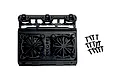 A black plastic Pandora RC 1/10 scale radiator assembly with dual fan detail and a set of small mounting screws on a white background.