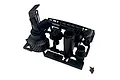 Black plastic RC car muffler and engine accessory parts on a sprue frame with three small screws.