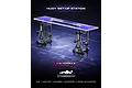 A Hudy 1/10 Formula set-up station featuring black metal uprights and a clear acrylic top plate, displayed against a blue technical background.