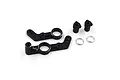 A set of black anodized aluminium steering assembly parts for an RC car, including two steering arms, two threaded posts, and two silver washers.