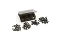 A Yeah Racing titanium screw set including a partitioned plastic storage box and various sizes of metal screws arranged in piles on a white background.