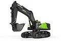A studio shot of the Huina 1593 RC excavator, featuring a black and bright green color scheme, isolated on a white background.