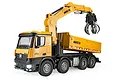 HuiNa 1538 RC dump truck in yellow with a crane arm and grapple attachment, studio shot on white background.