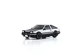 Kyosho Mini-Z Toyota Sprinter Trueno AE86 painted body shell in white and black, featuring pop-up headlights and black wheels.