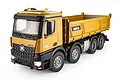 A studio shot of a yellow HuiNa 1536 RC dump truck on a white background, showing detailed cab, bed, and wheels.