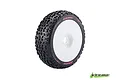 A single Louise B-Mazinger RC buggy tyre pre-glued onto a white dished wheel rim against a white background.