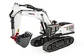 A white and black Huina 1594-W 1/14 scale RC excavator model with a metal bucket and tracked undercarriage on a white background.